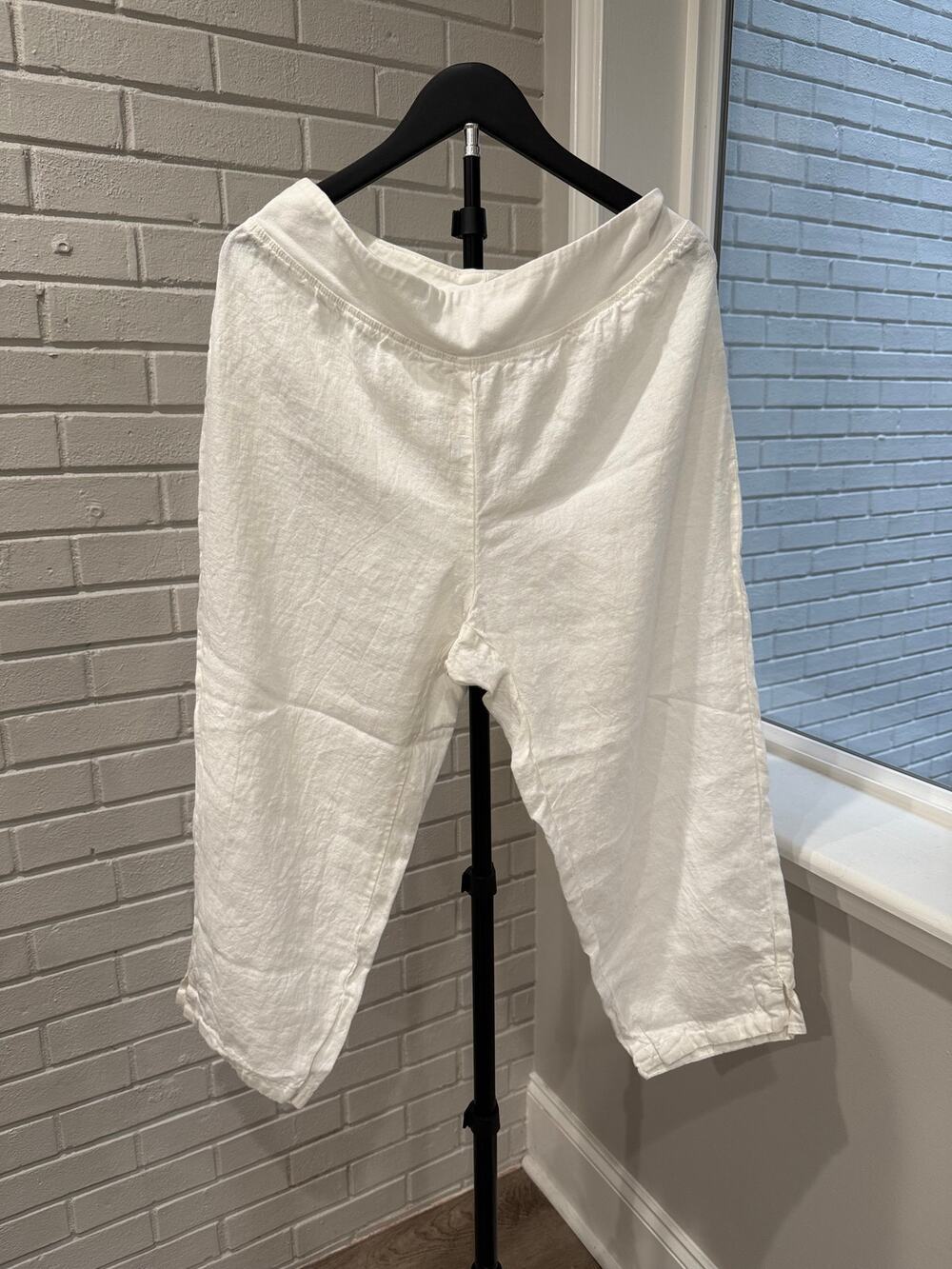 Cut Loose White 100% Linen Crop Pants Women's Large Pull On Elastic Waist